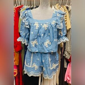 NWT mable by anthropologie Blue Ruffle Bow Embroidered Set